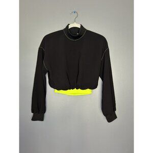 Zara Blouse Womens XS Black Neon Yellow Cropped Mock Neck Long Sleeve Pullover